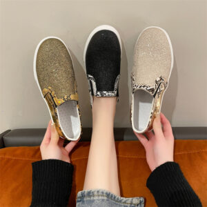 Flat Bottom Snake Pattern Pumps Female Sequins Round Toe Board Shoes