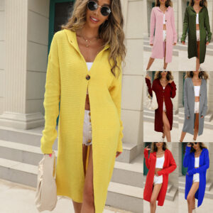 Sweater Cardigan Solid Color Long Sleeve Hooded Long Knitted Cardigan Women’s Coat