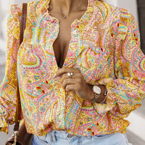 Women’s Thin Bohemian Style Printed Ruffles V-neck Long Sleeve Shirt
