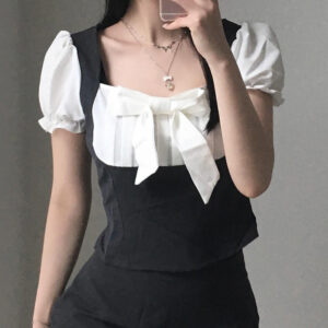 Women’s Bow Stitching Puff Sleeve Top