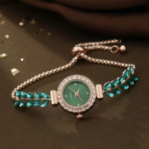 Fashion Green Leaf Fine Band Diamond Round Women’s Watch