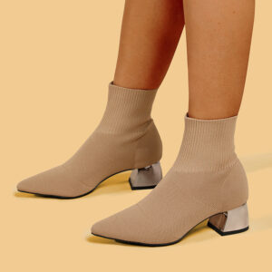 Women’s Fashion High Heel Pointed Toe Chunky Heel Stretch Knitted Boots