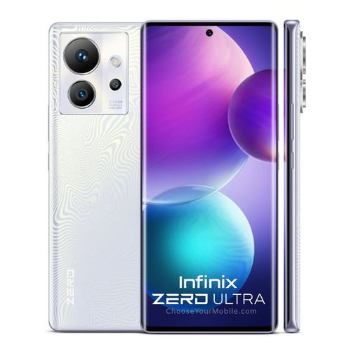 Infinix Zero Ultra: 5G, 6.8″ FHD+ display, 13GB RAM, 256GB storage, Android 12. Features 200MP triple rear cameras, 32MP selfie cam, dual SIM, NFC, and a 4500mAh battery.
