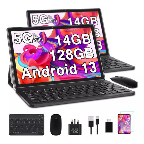 Goodtel 10.1″ Tablet with 14GB RAM and 128GB Storage (Expandable up to 1TB), Android 13, Dual-Band 2.4G+5G WiFi, Octa-Core 2.0GHz Processor, and Case Keyboard (Black).
