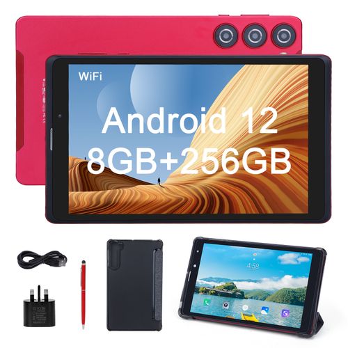 C Idea CM835 8″ Android 12 Tablet: 256GB ROM (expandable), 800×1280 IPS screen, dual SIM, includes protective case, in red.