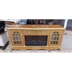 Royal gold TV stand with drawers and an electric fireplace